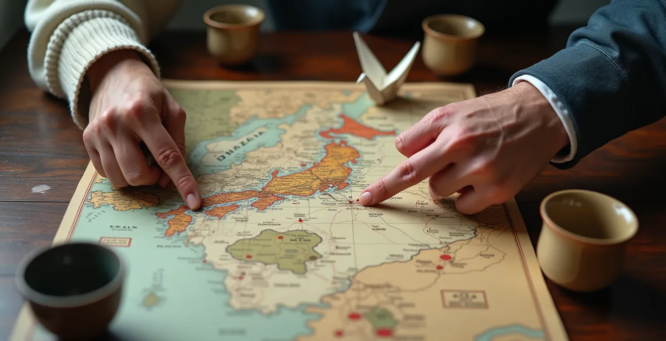 Mains travaillant sur une carte du Japon avec éléments traditionnels