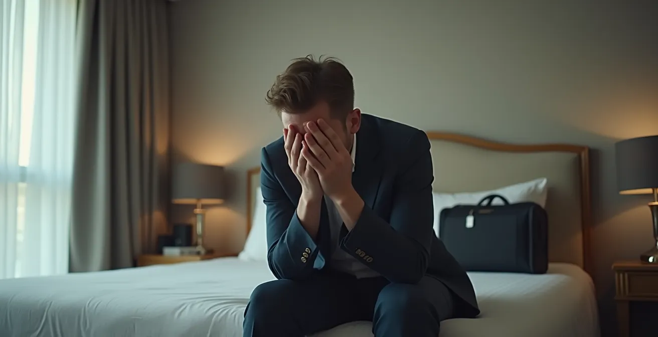 Professionnel fatigué dans une chambre d'hôtel standardisée