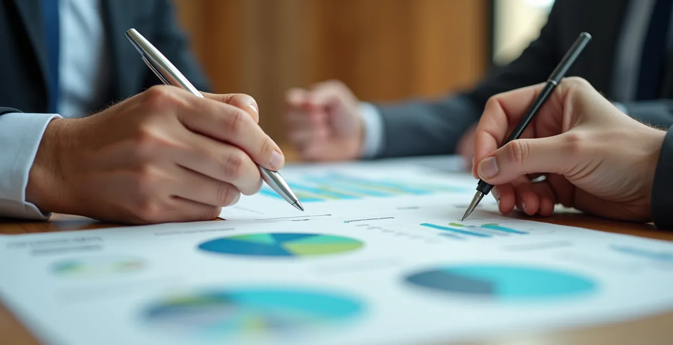 Mains d'expert consultant analysant des données sur une table de travail avec calculatrice et graphiques colorés