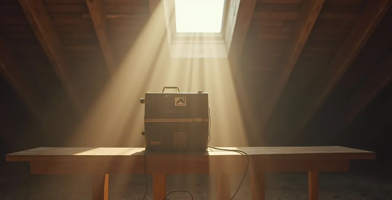 Projecteur de diapositives vintage recouvert de poussière dans un grenier éclairé par une lucarne