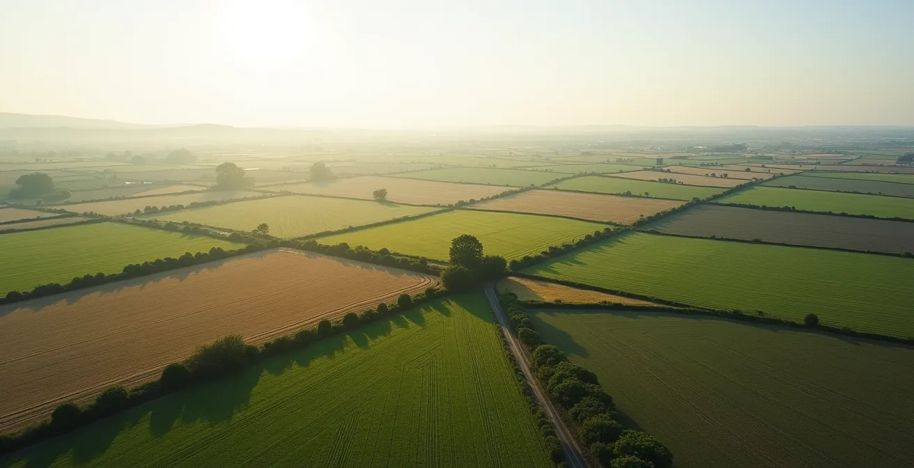 Vue aérienne d'un territoire agricole montrant l'interconnexion des parcelles et des corridors écologiques