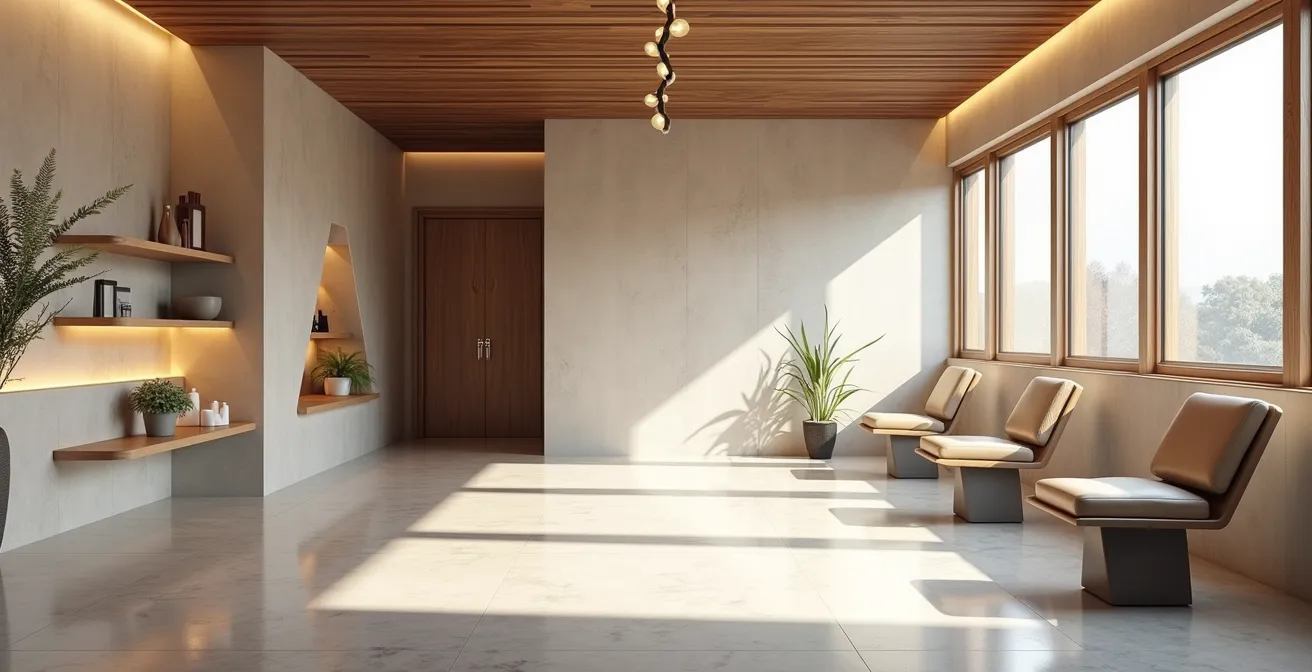 Espace salon épuré avec architecture moderne et jeu de lumières naturelles