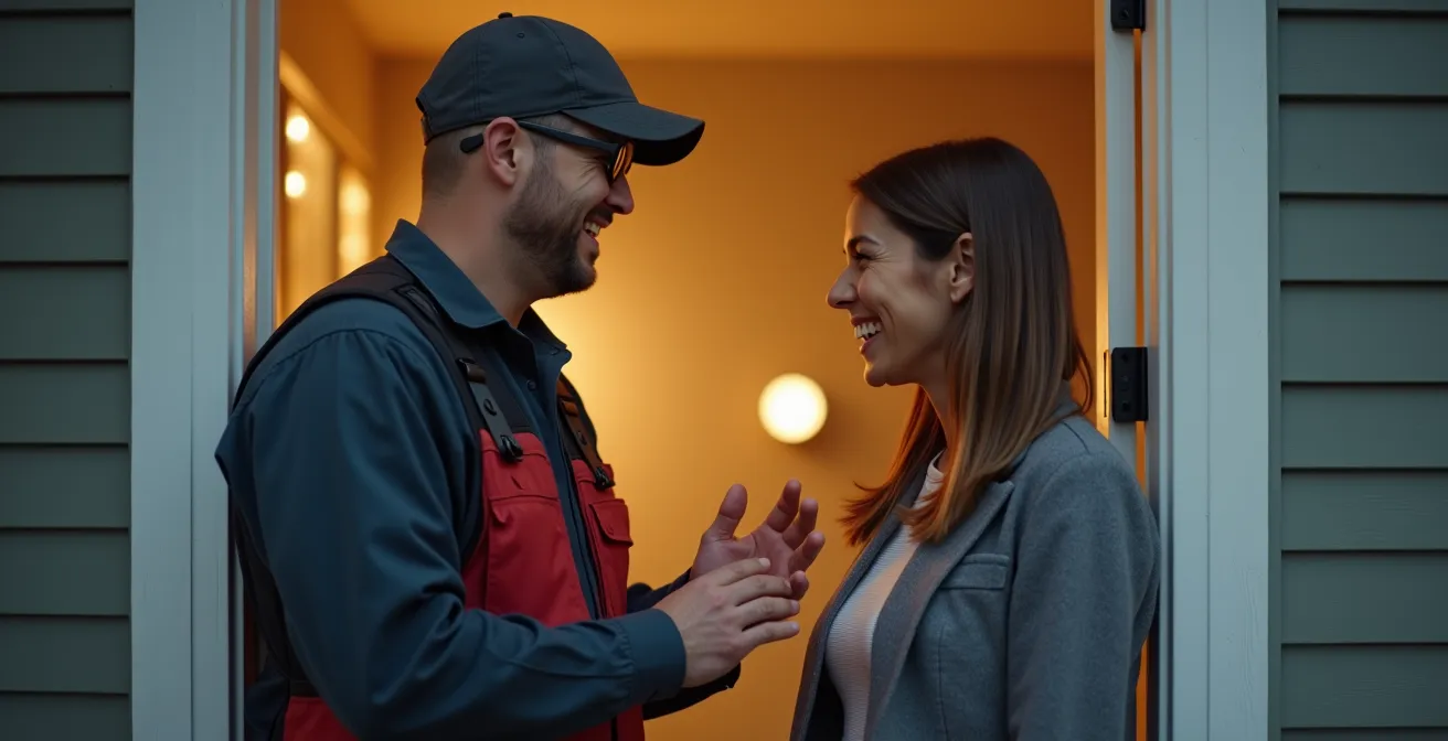 Interaction professionnelle entre serrurier et client à l'entrée