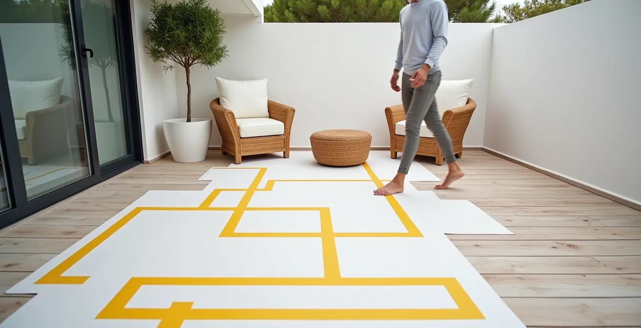 Tracé au sol avec scotch et cartons pour tester l'implantation du mobilier