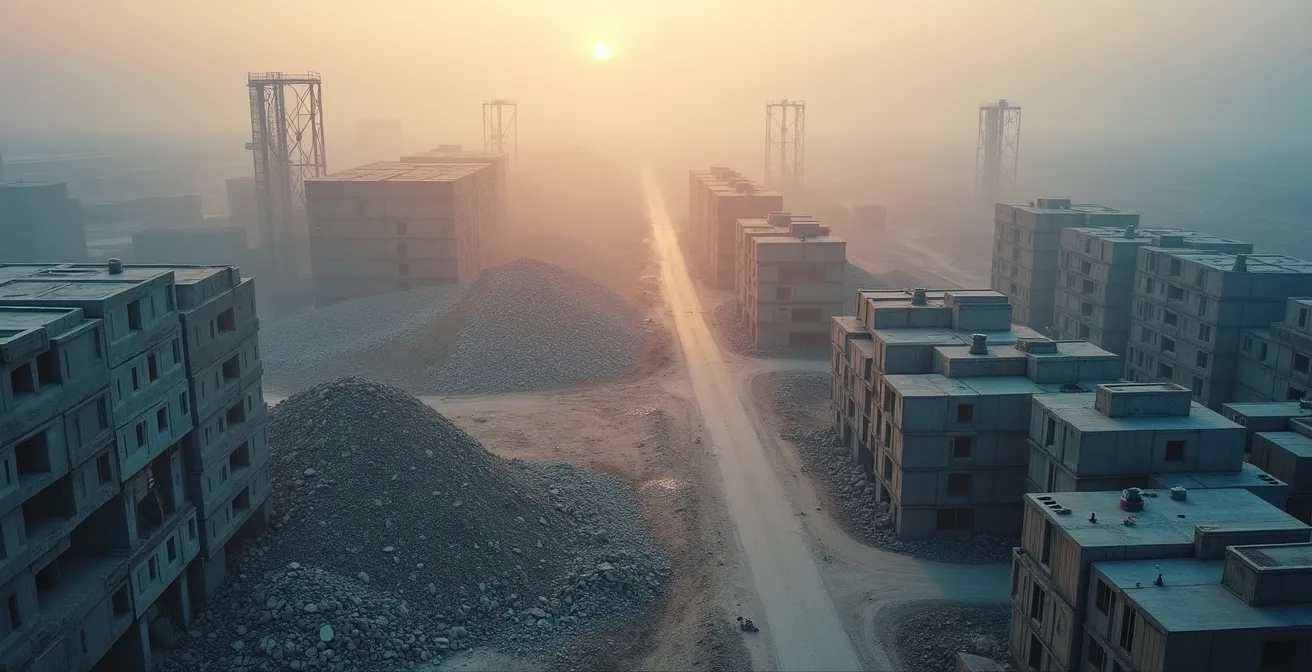 Vue aérienne montrant deux zones de chantier : une avec gravats dispersés, l'autre avec blocs découpés proprement