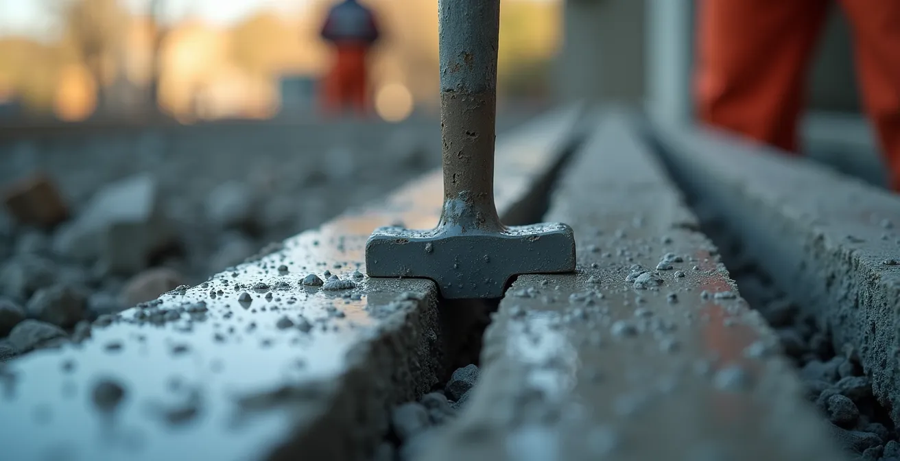 Détail macro d'une découpe de béton montrant les armatures métalliques sectionnées proprement