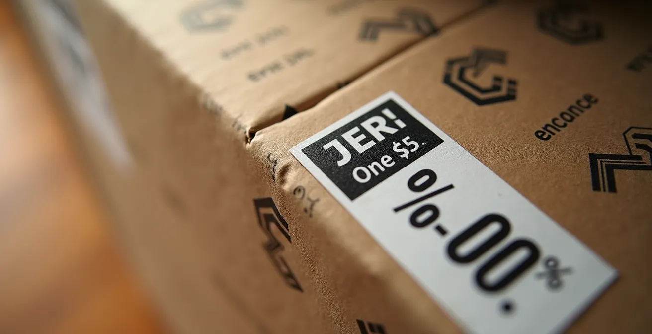 Vue macro détaillée d'une étiquette de prix réduit sur un carton d'appareil électroménager