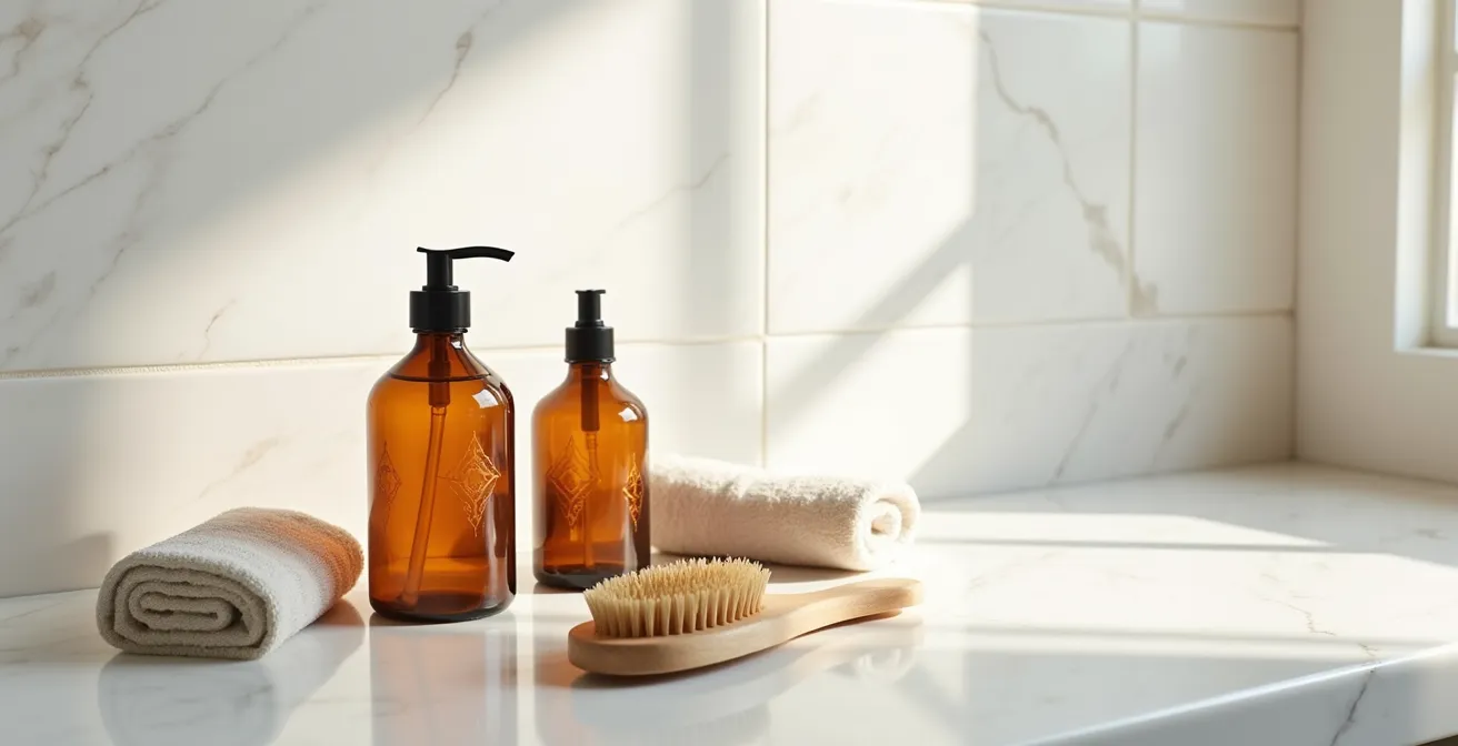 Espace épuré avec produits de soin capillaire naturels disposés harmonieusement