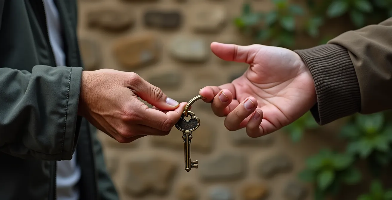 Gros plan sur des mains échangeant des clés devant une maison en pierre corrézienne
