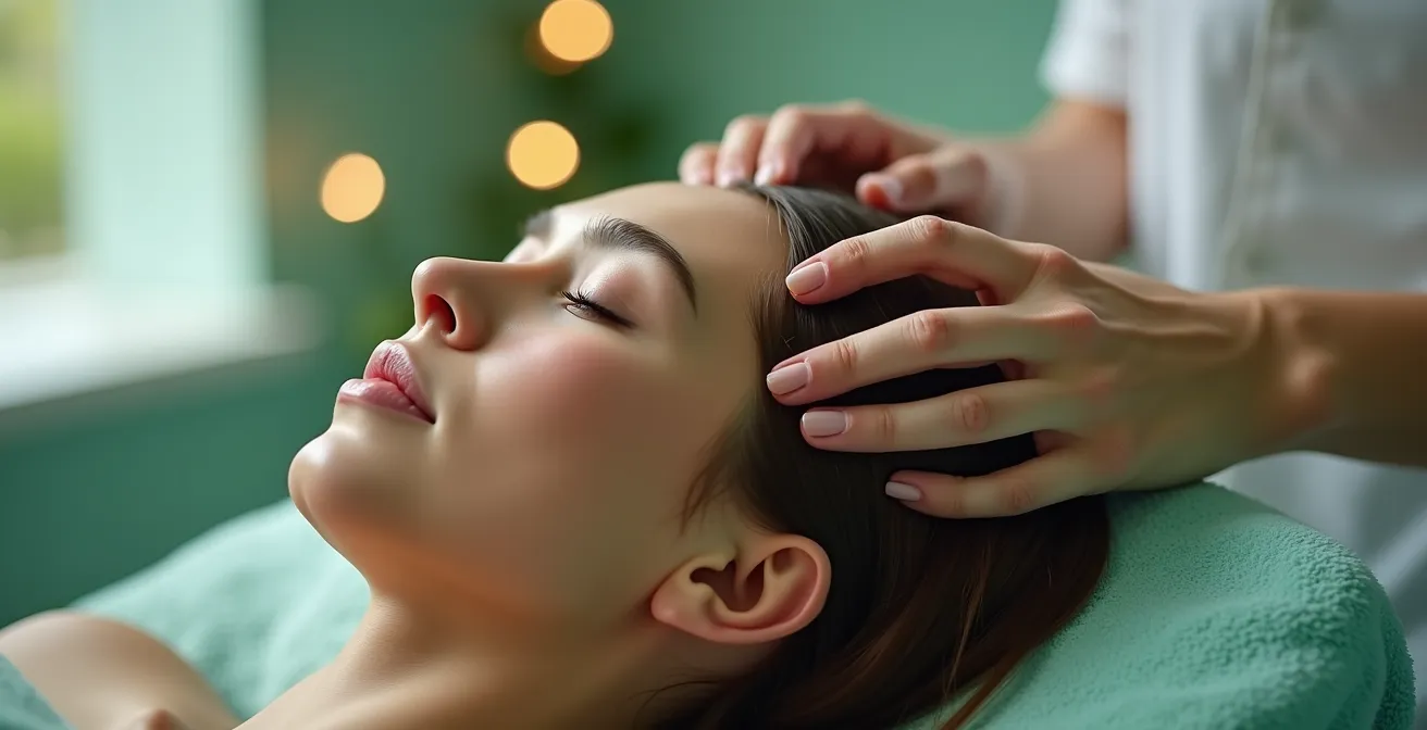 Mains expertes massant délicatement un cuir chevelu avec technique circulaire