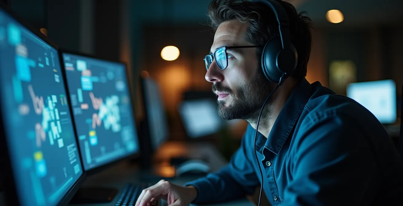 Opérateur de télésurveillance analysant des écrans lors d'une levée de doute