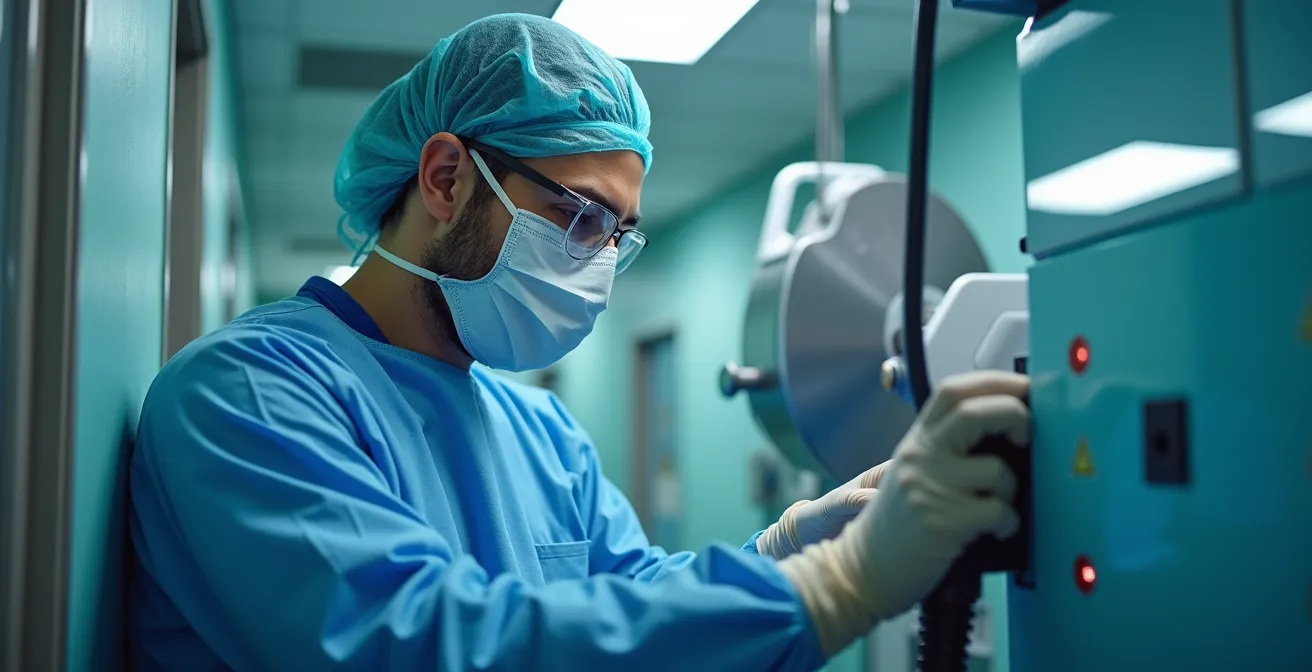 Opérateur utilisant une scie murale dans un couloir d'hôpital, concentration visible sur son visage