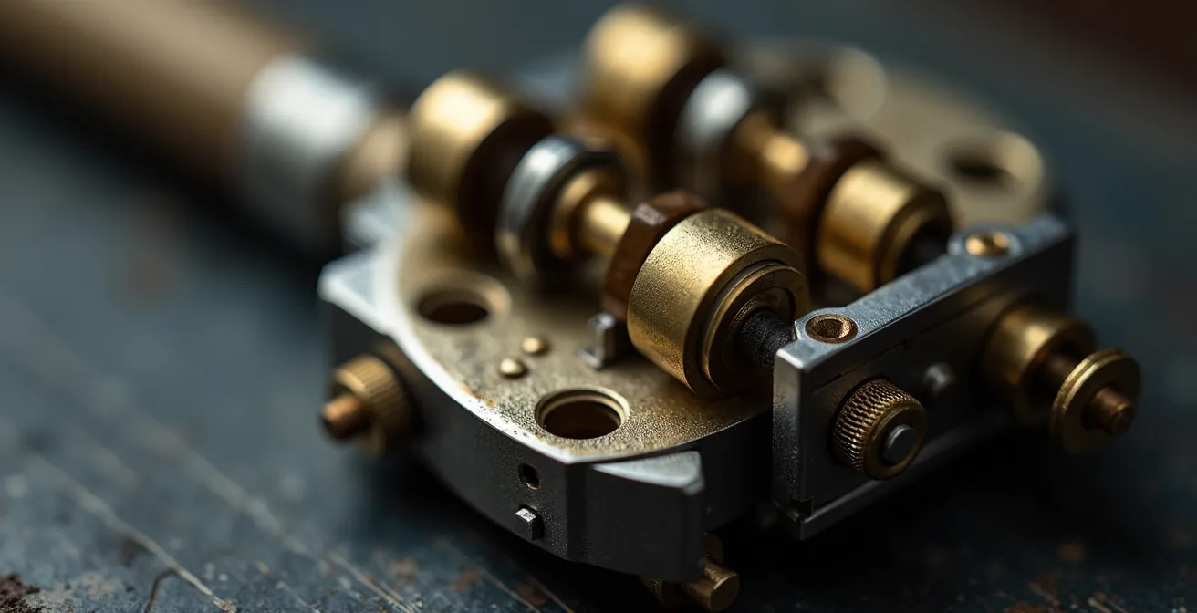 Détail macro d'une serrure haute sécurité avec mécanisme complexe