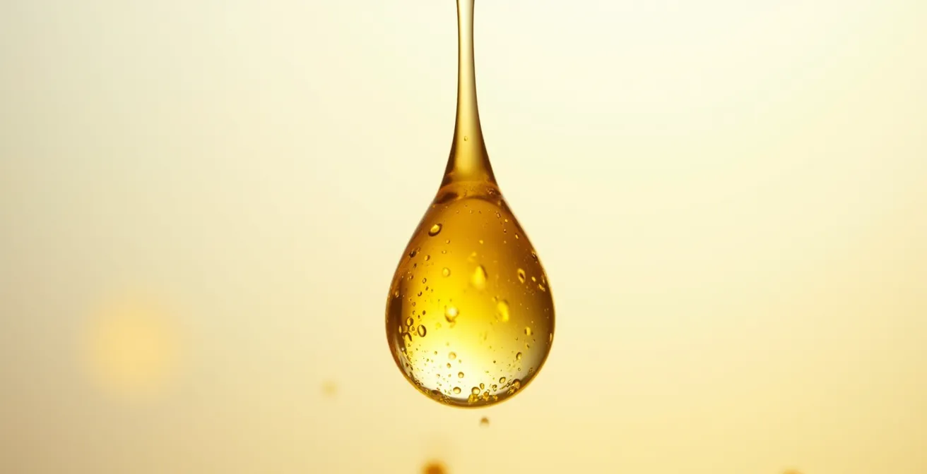 Macro photographie d'une goutte d'huile végétale dorée en suspension
