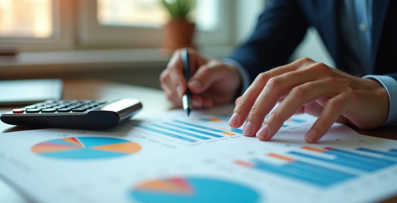 Main analysant des graphiques de répartition des coûts énergétiques avec calculatrice