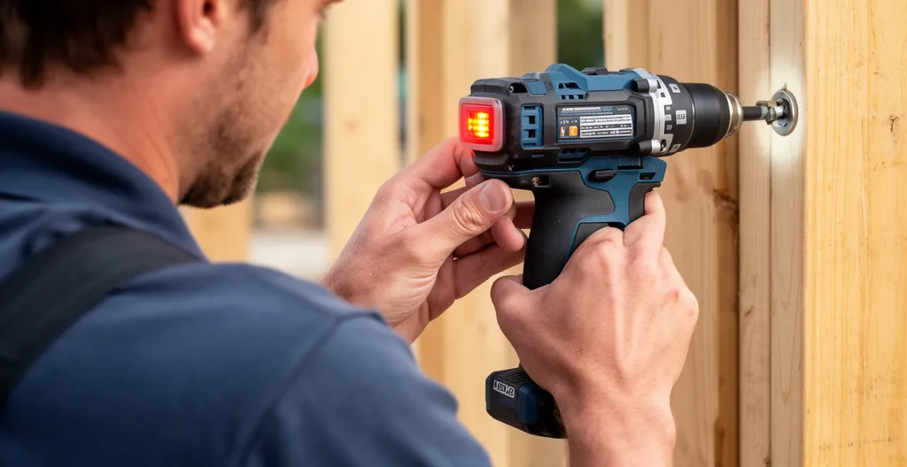 Artisan utilisant outil électroportatif avec indicateur LED sur chantier extérieur