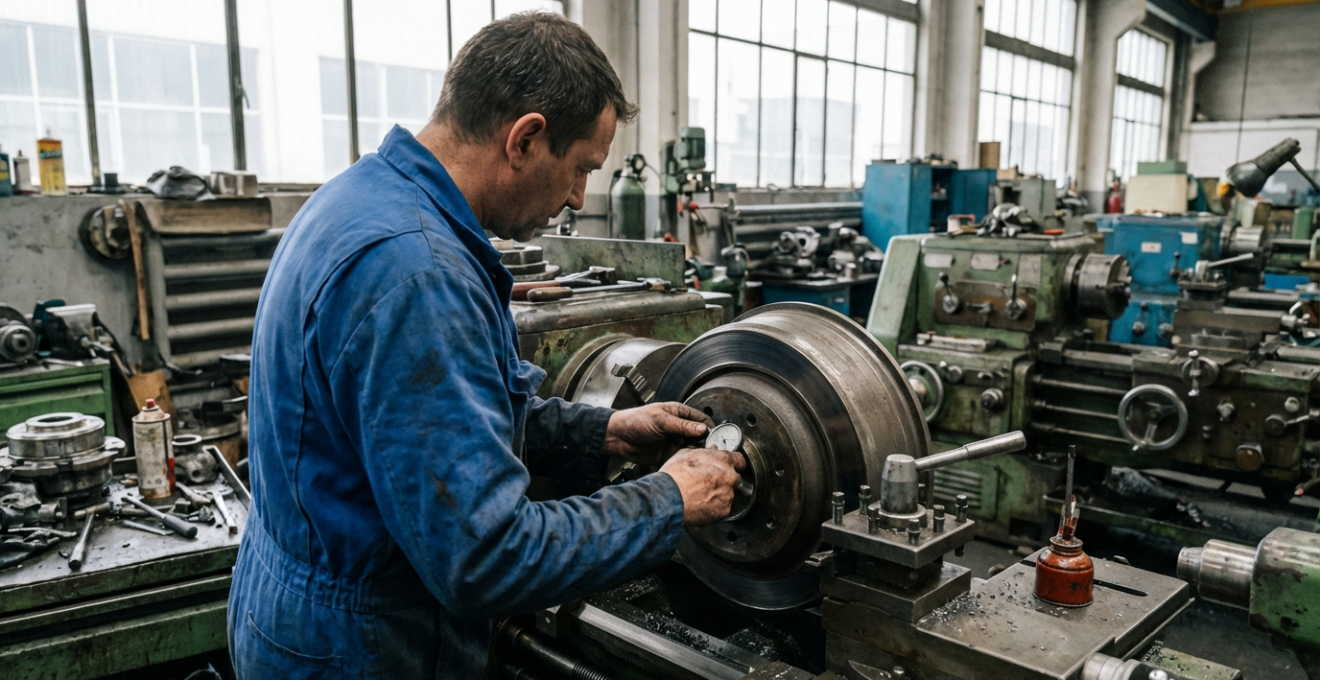 Technicien inspectant un tambour de frein dans un atelier de regarnissage spécialisé