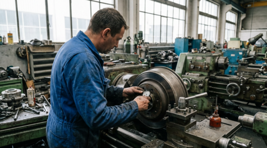 Technicien inspectant un tambour de frein dans un atelier de regarnissage spécialisé