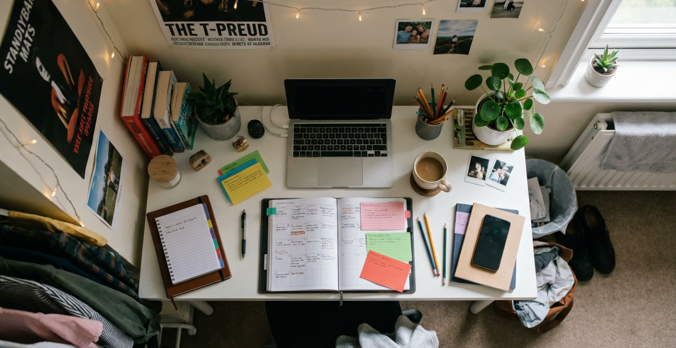 Bureau étudiant organisé avec agenda et fiches de révision pour préparation PASS