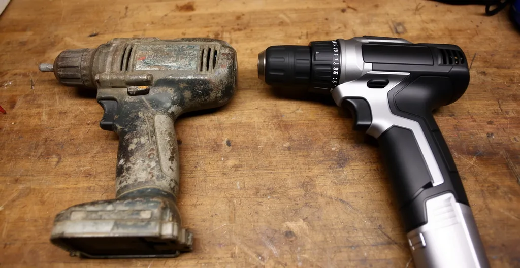 Deux outils électroportatifs côte à côte sur établi montrant contraste usure