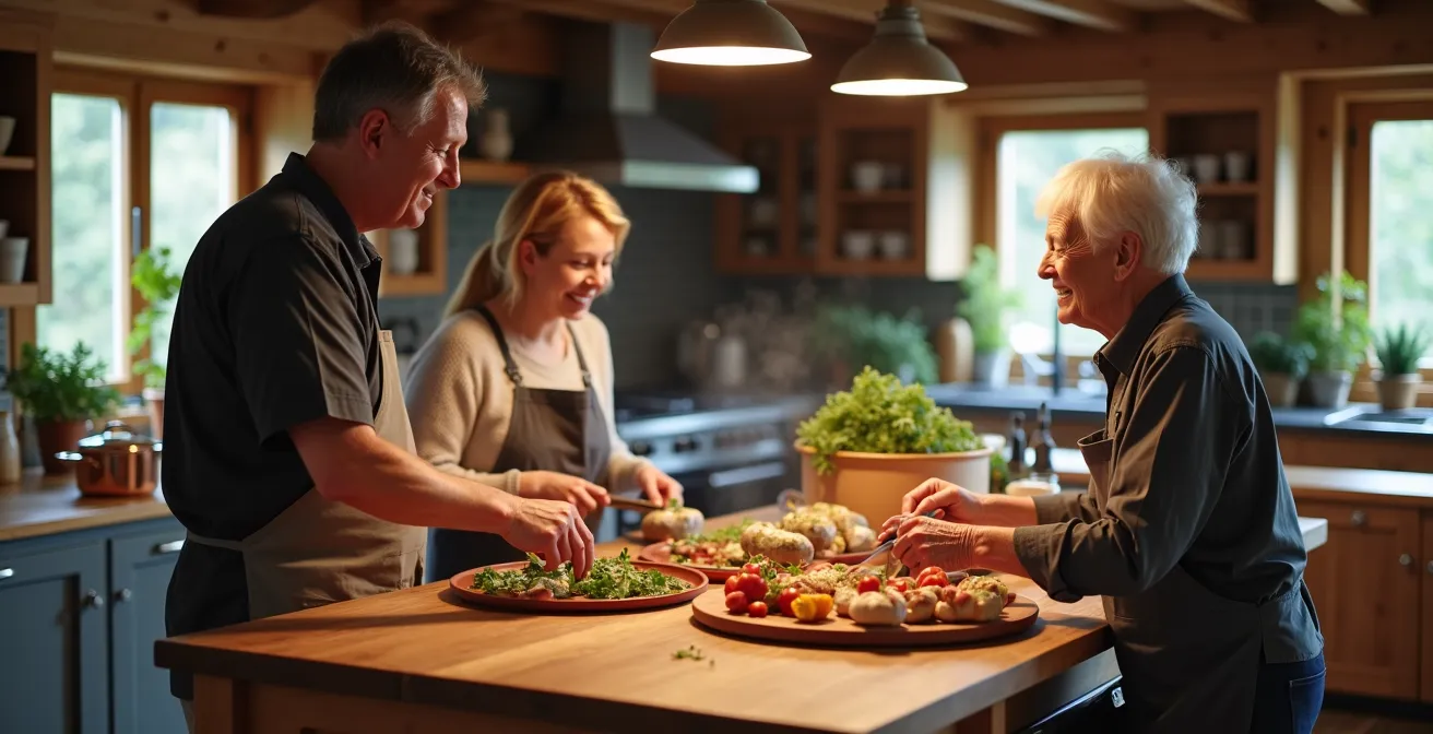Cuisine ouverte dans un chalet avec îlot central en bois massif et convives