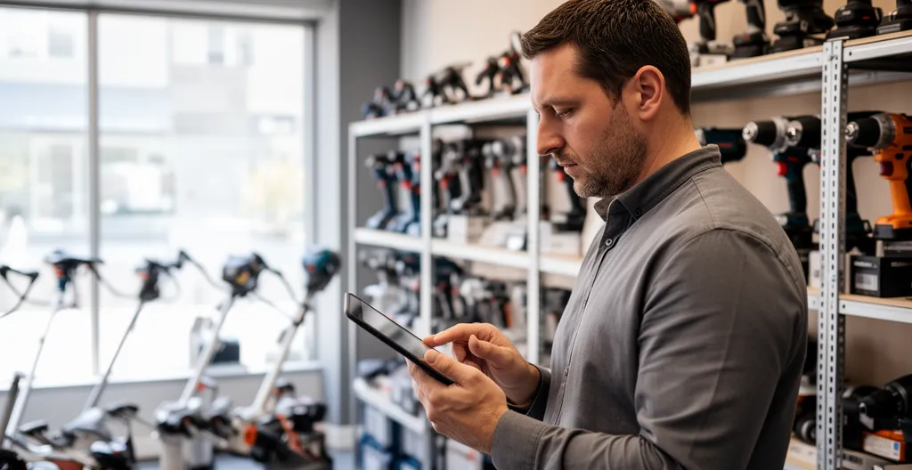 Gérant consultant tablette devant équipements professionnels en showroom