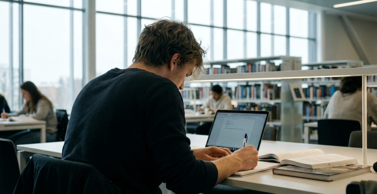 Étudiant concentré travaillant dans une bibliothèque universitaire moderne pour réussir médecine