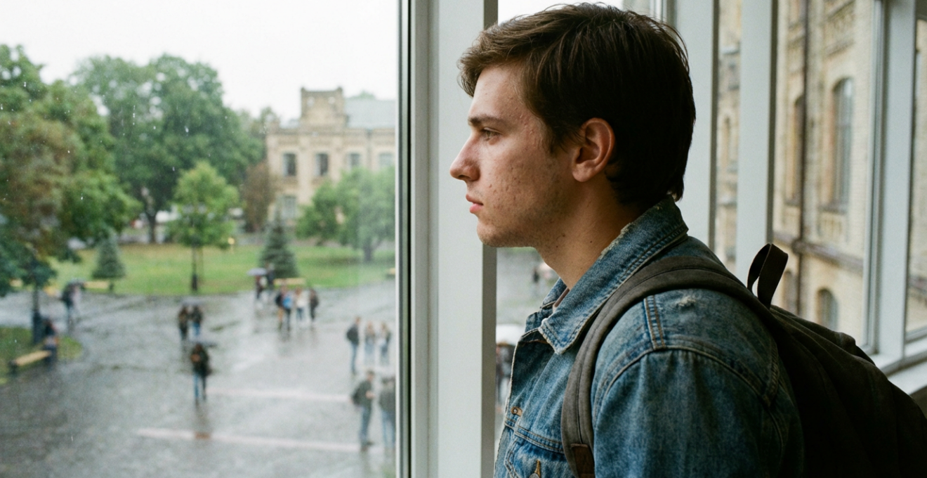 Étudiant en pause de révision regardant par la fenêtre du campus universitaire