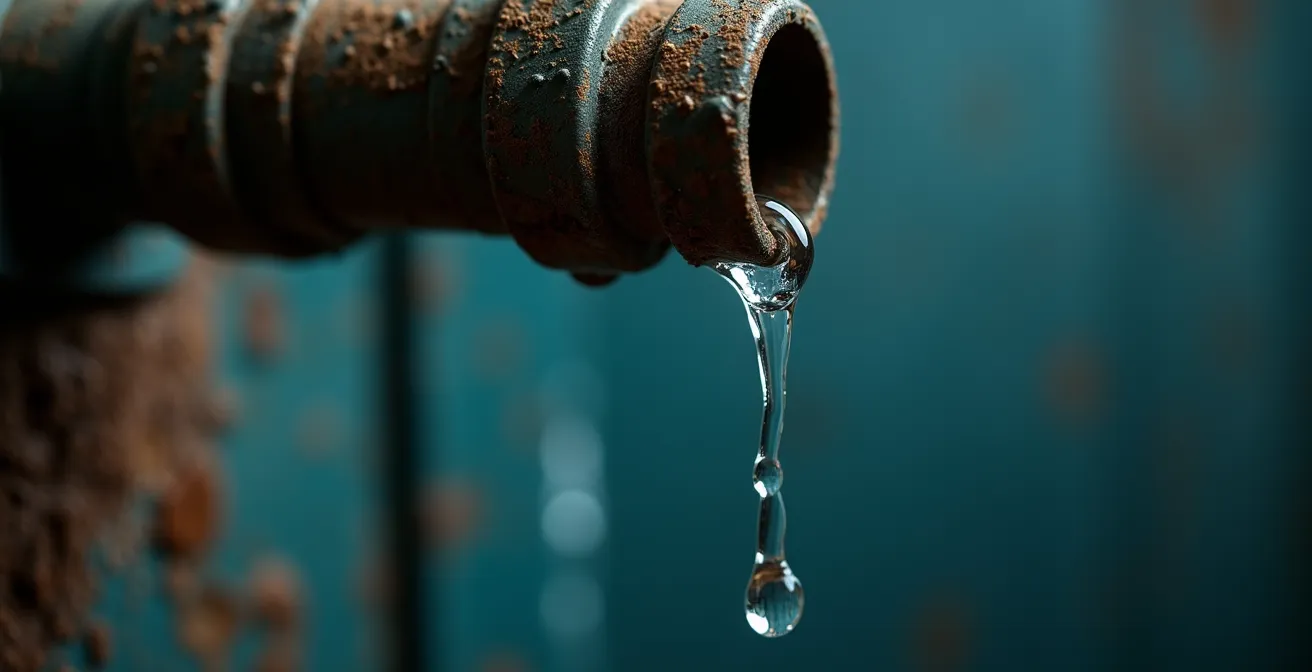 Gros plan sur gouttes d'eau s'échappant d'un tuyau métallique