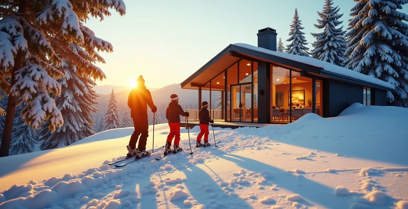 Famille rentrant à ski directement au chalet en fin de journée