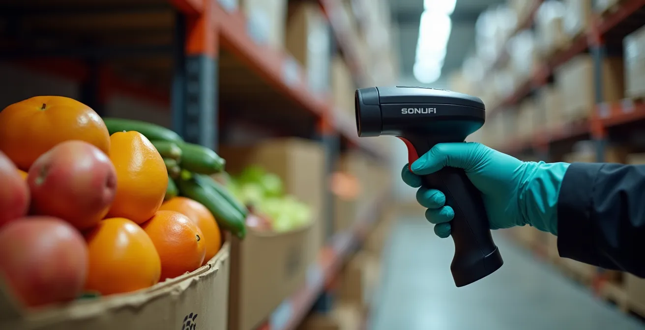 Main d'un professionnel utilisant un scanner pour la traçabilité des produits alimentaires