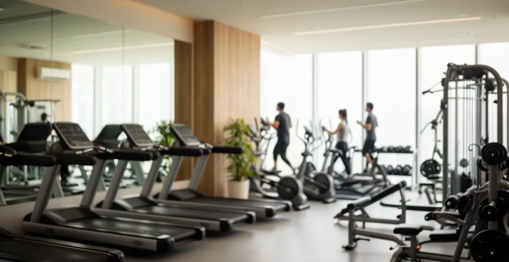 Salle de fitness moderne avec tapis de course, vélos elliptiques et espace musculation