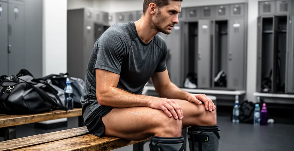 Athlète assis utilisant des bottes de récupération après entraînement