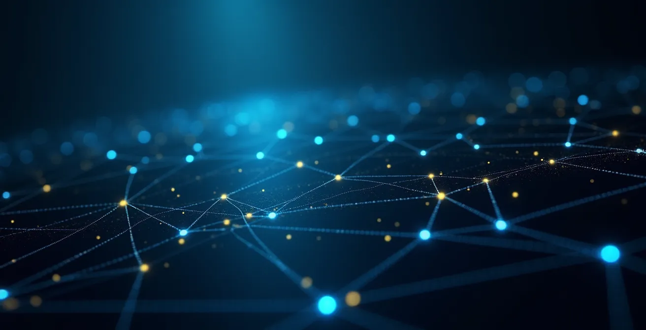 Vue aérienne de connexions lumineuses entre plusieurs points représentant la supervision multi-sites