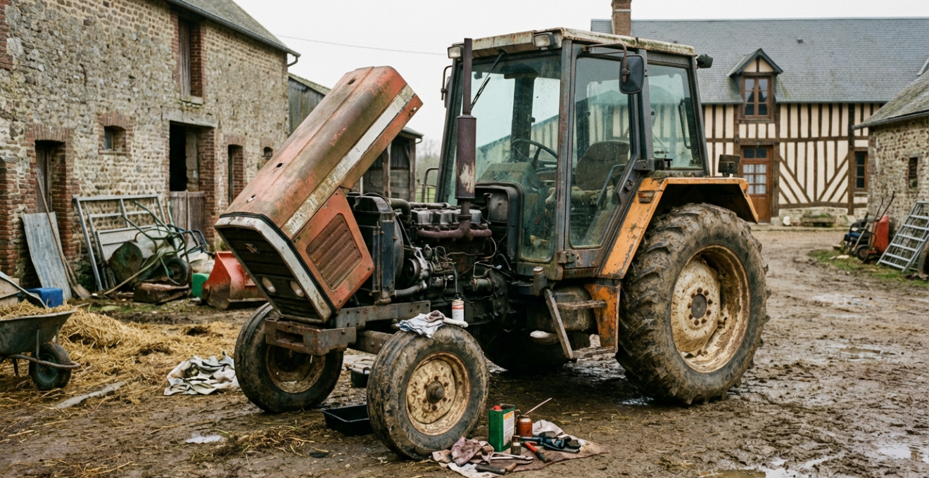 Tracteur agricole ancien en maintenance dans une cour de ferme normande