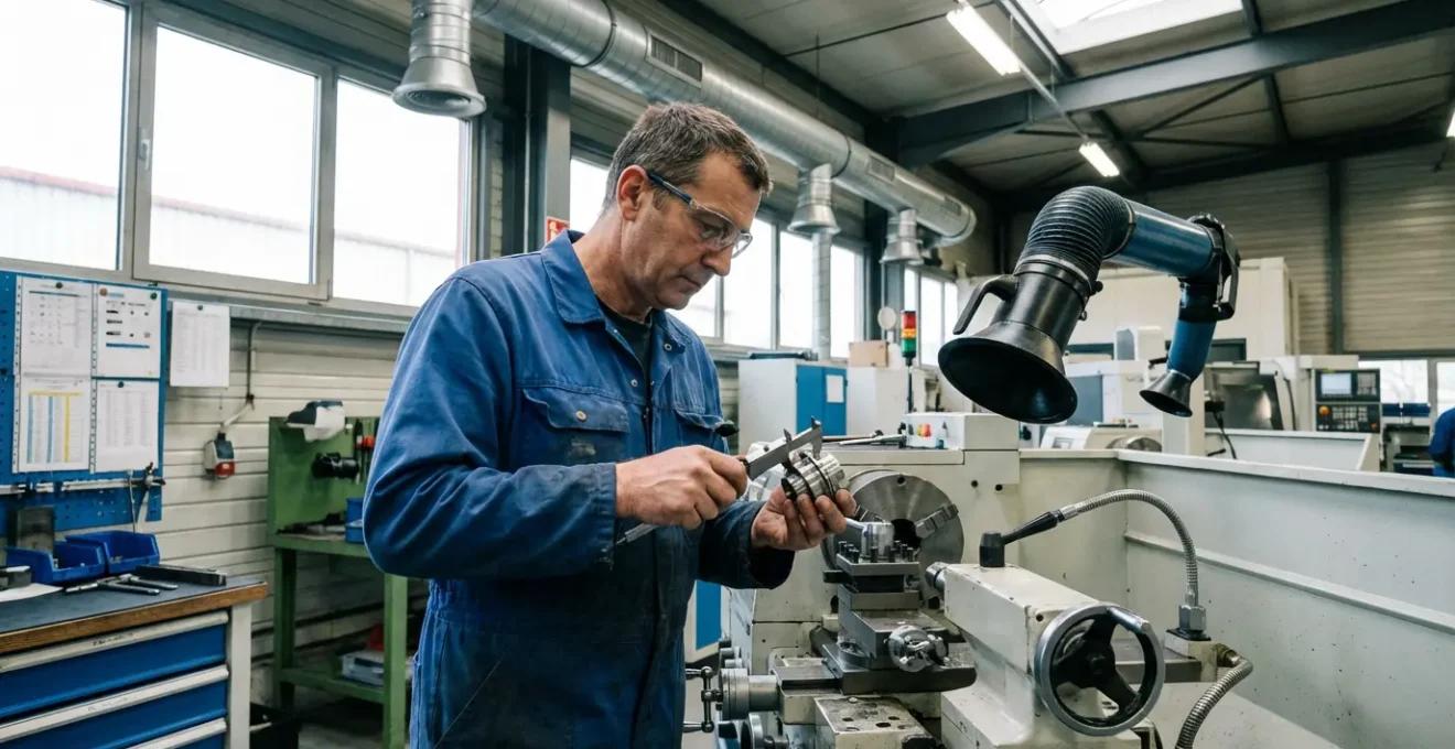 Technicien inspectant pièce métallique dans atelier avec système de filtration de l'air visible