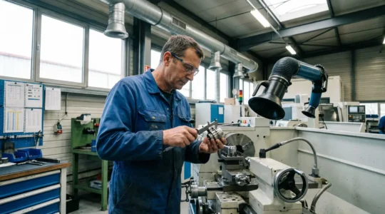 Technicien inspectant pièce métallique dans atelier avec système de filtration de l'air visible