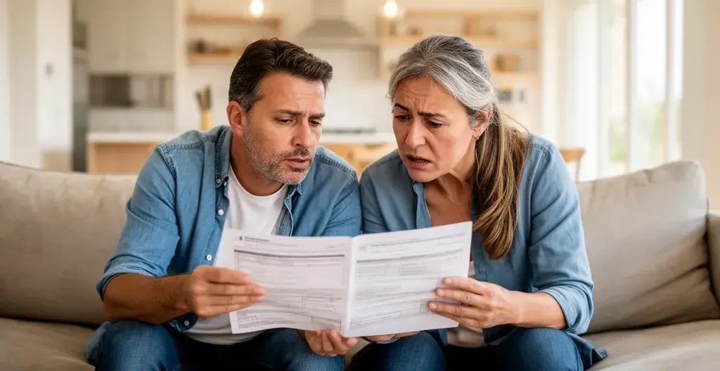 Couple examinant un rapport d'inspection dans le salon d'une maison à acheter