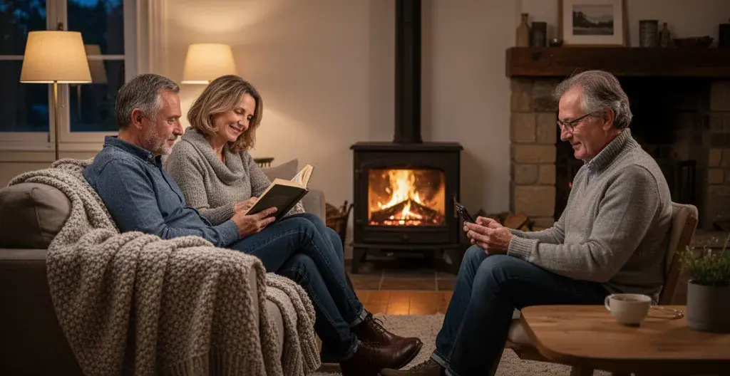 Couple français profitant de la chaleur d'un poêle à bois dans leur salon