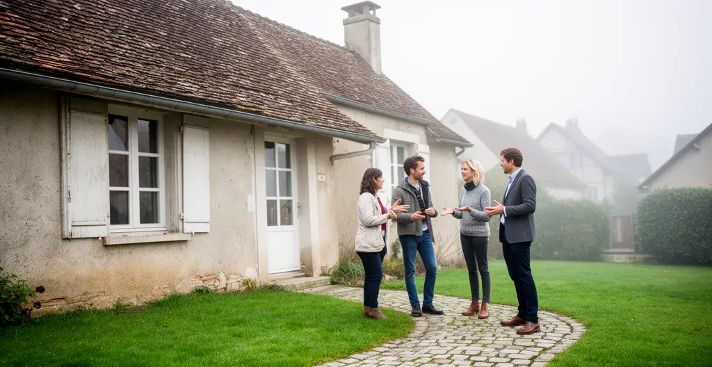 Agent immobilier et acheteurs discutant devant une maison à acheter