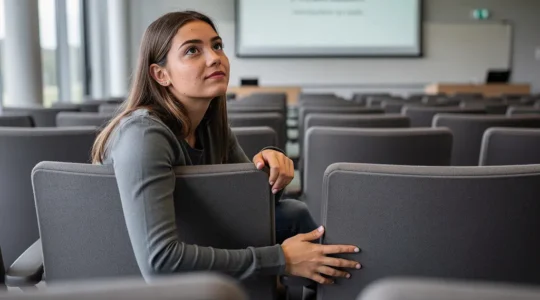 Étudiante française concentrée dans un amphithéâtre universitaire moderne
