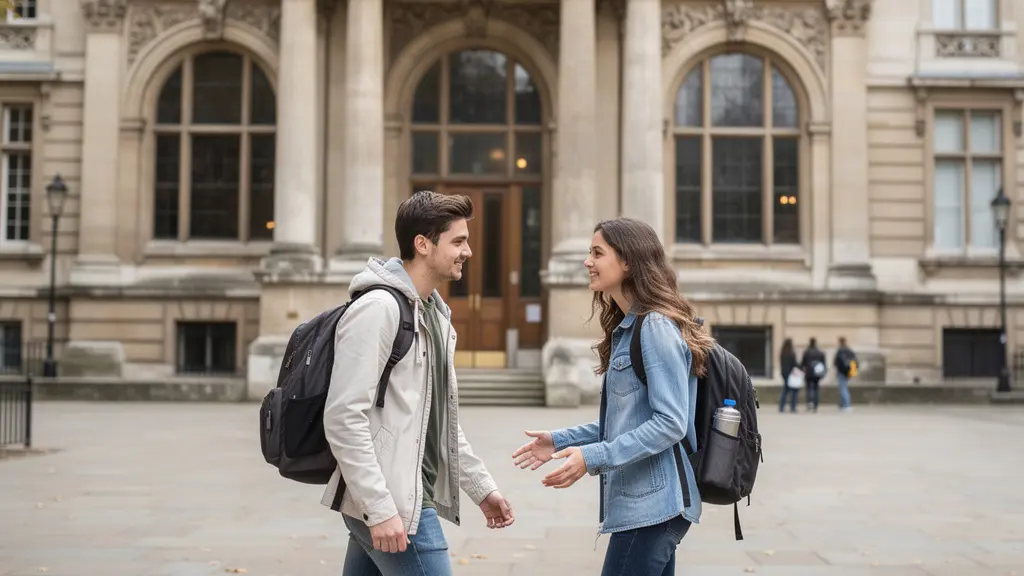 Façade d'université européenne historique avec étudiants marchant naturellement