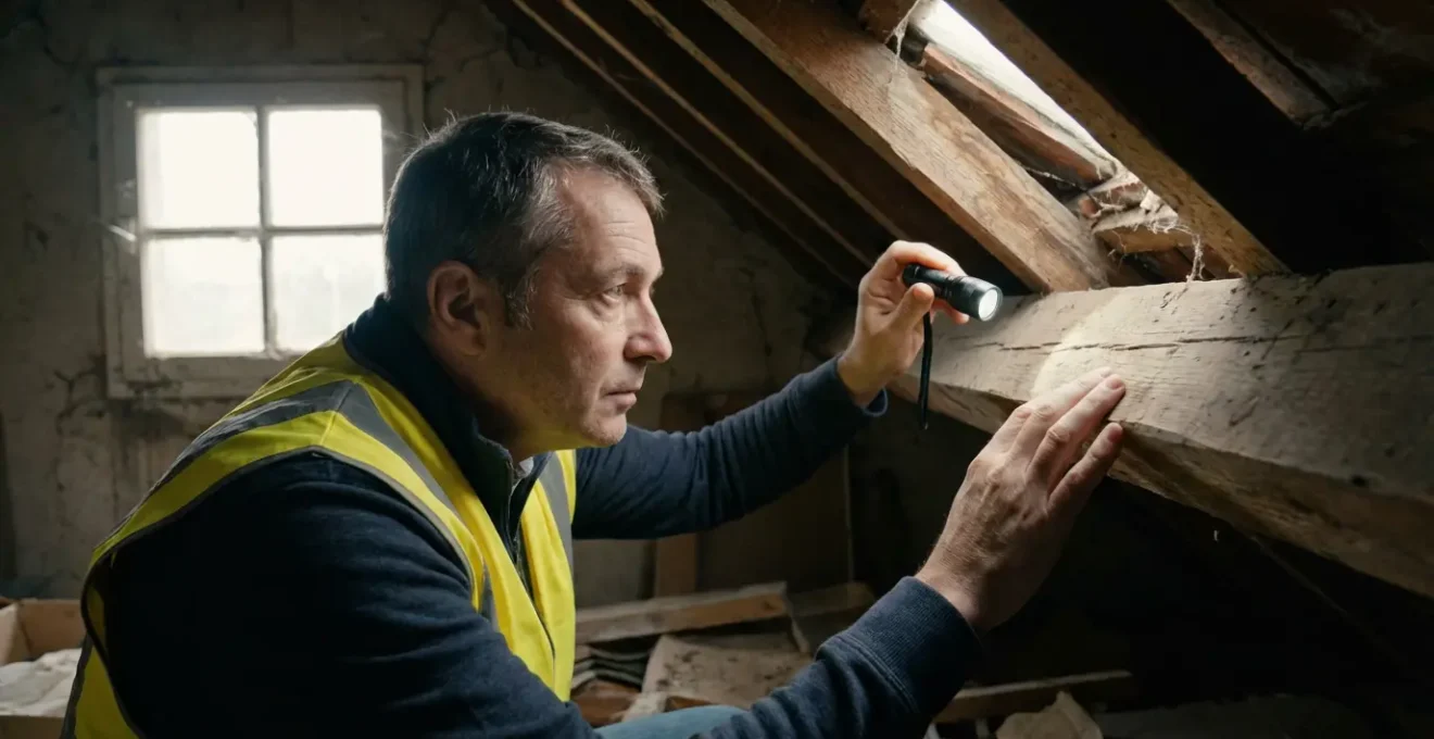 Inspecteur en bâtiment examinant une charpente dans les combles d'une maison ancienne