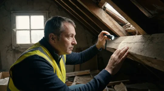 Inspecteur en bâtiment examinant une charpente dans les combles d'une maison ancienne