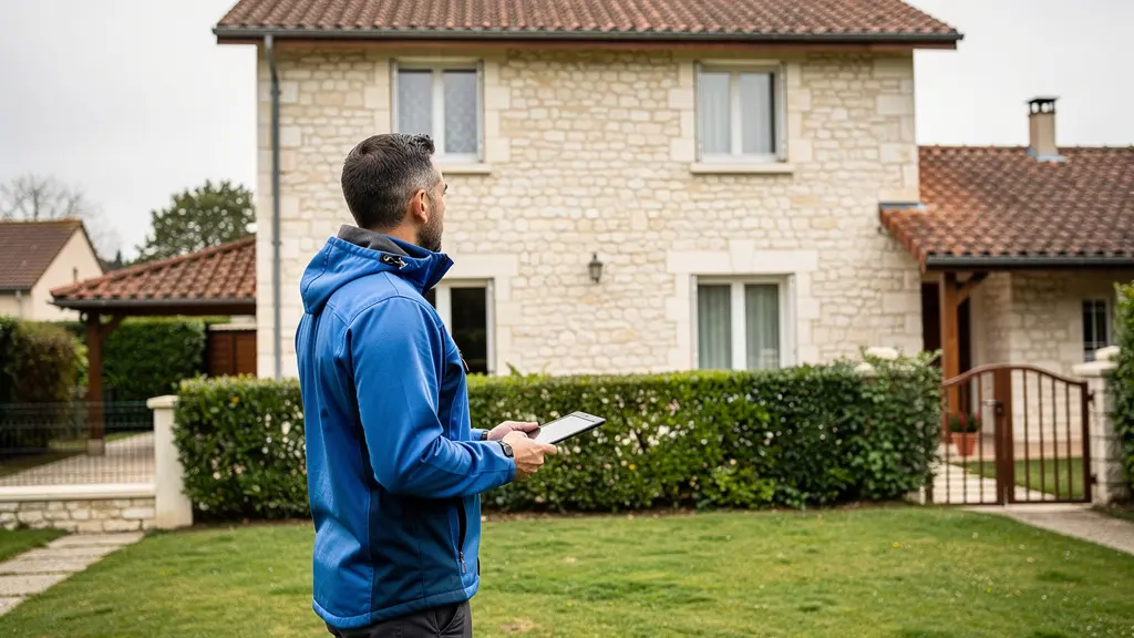 Inspecteur en bâtiment observant la façade d'une maison individuelle française depuis le jardin