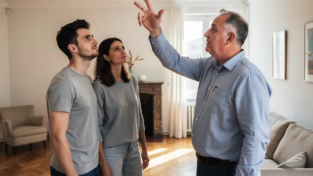 Inspecteur en bâtiment donnant des explications à un couple d'acquéreurs dans un salon