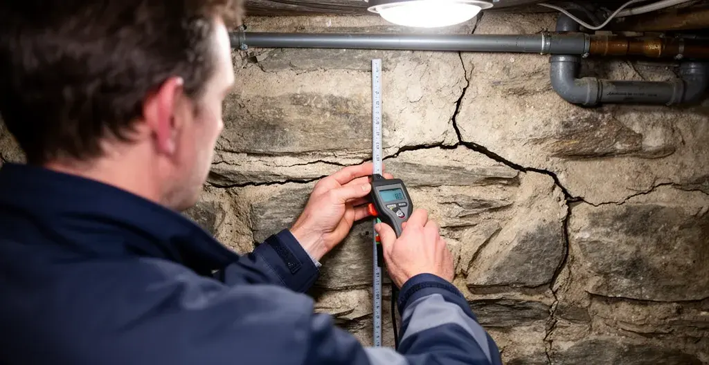 Inspecteur vérifiant l'état des fondations dans un sous-sol de maison ancienne