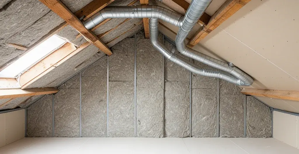 Combles résidentiels avec isolation laine minérale et conduits PAC