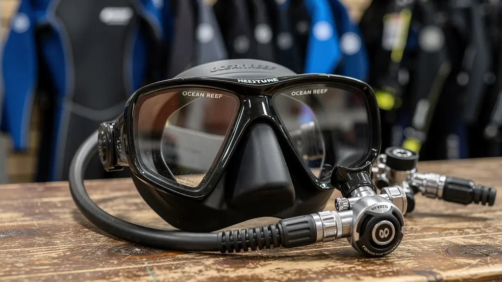 Masque facial de plongée Neptune posé avec détendeur connecté sur table d'équipement