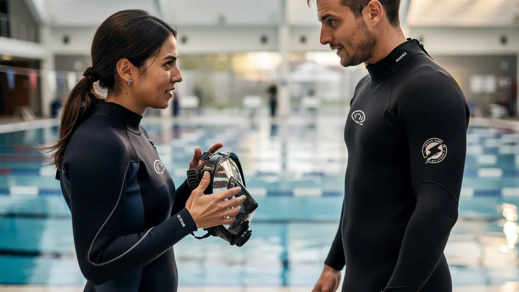 Monitrice de plongée expliquant le fonctionnement d'un masque intégral à un élève